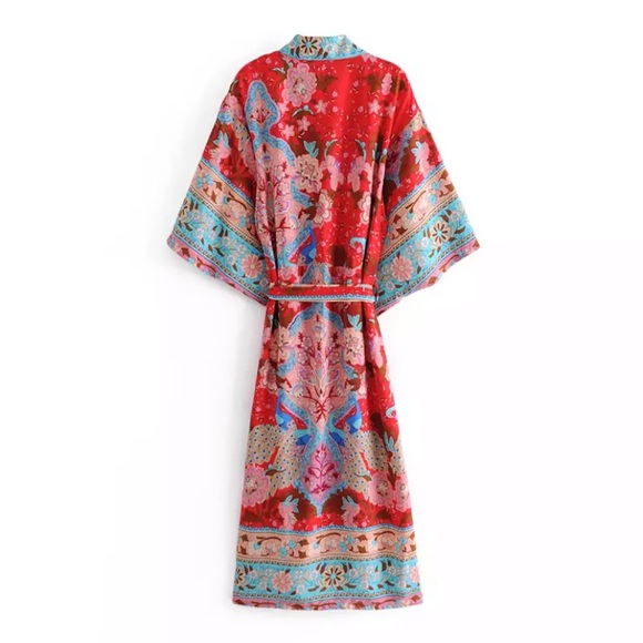 SOLD OUT Bohemian Red Peacock Floral Gypsy Kimono Long Maxi Coverup Duster Robe - Picture 2 of 11
